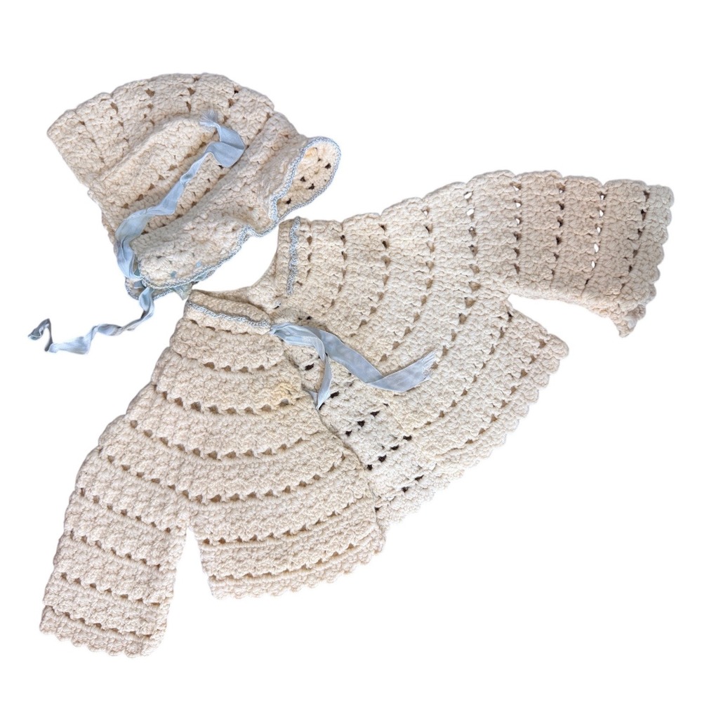 Baby Crochet Cardigan Bonnet Set Cream Vintage Handmade Ribbon